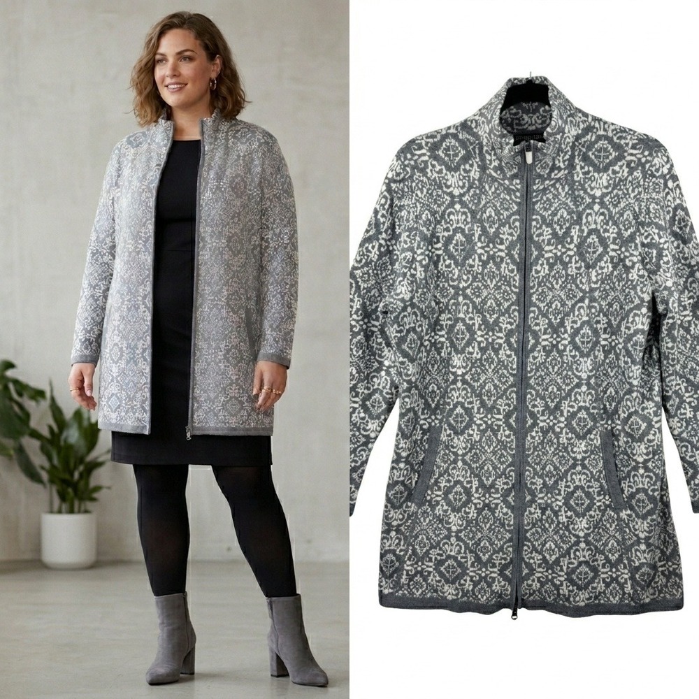 Cynthia Rowley Active‎ Cardigan Women 1X Grey Damask Full Zip Mock Neck Longline
